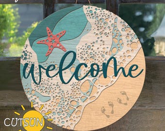Sea waves Beach door hanger SVG Beach welcome sign Glowforge svg Laser cut file