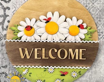Interchangeable Welcome Sign SVG, Floral Front Door Decor Base with Daisy SVG Insert, Rustic home decor Laser cut file Instant download