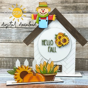 Bonjour automne complément pour la décoration d'étagère interchangeable maison et clôture svg fichier SVG épouvantail svg fichier découpé au laser