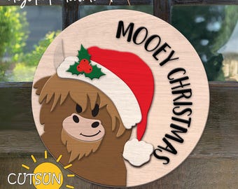Highland Cow Mooey Christmas Door Hanger SVG | Farmhouse Christmas Door Decor Laser Cut File | Rustic Holiday SVG for Cricut and Glowforge