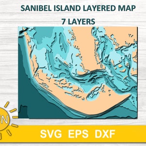 Mapa em camadas Ilha Sanibel SVG EPS DXF - 7 camadas | Cricut | Silhueta | Forja Brilhante | Cortadores a laser