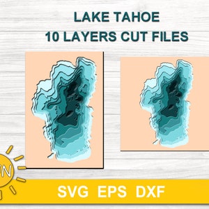 Mapa do Lago Tahoe em camadas SVG EPS DXF - 10 camadas | Cricut | Silhouette | Glowforge | Cortadores a laser