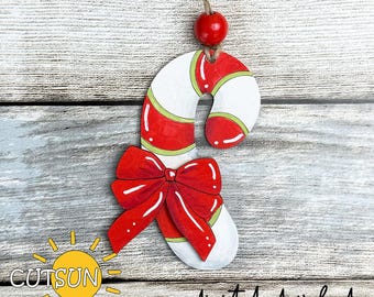 Candy Cane Ornament SVG | Chubby Christmas Candy Cane with Bow | Cute Holiday Decoration | Laser Cut File