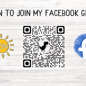 May include: A white wooden background with a black and white QR code in the centre. The QR code has a small black dinosaur icon in the centre. To the left of the QR code is a yellow sun with the text "CUTSUN" in the centre. To the right of the QR code is a blue circle with a white "f" in the centre. The text "SCAN TO JOIN MY FACEBOOK GROUP" is at the top of the image.