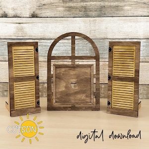 May include: A wooden decorative set featuring a central arched window frame with a square base and two side shutter-style panels. The shutters have horizontal slats. The set is made of stained wood and includes the text "digital download".