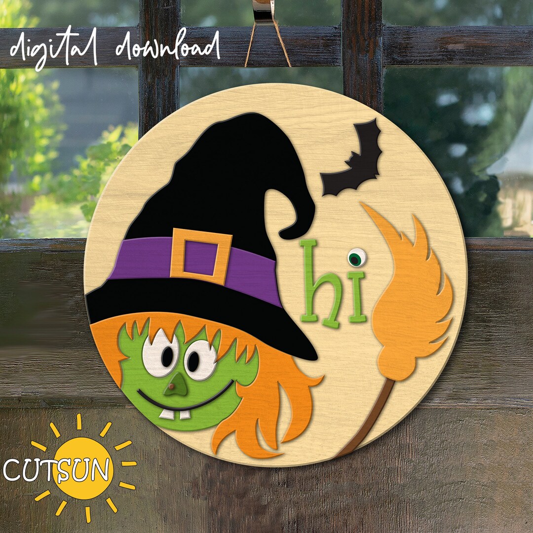 Halloween Door Hanger SVG | Cute Witch Front Door Sign Laser Cut File ...