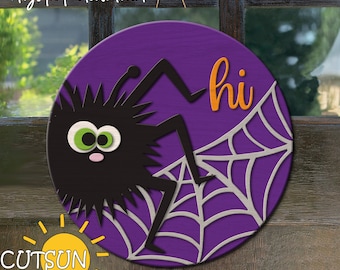 Colgador de puerta de araña de Halloween SVG / Letrero de bienvenida de telaraña redonda / Archivo cortado con láser para Cricut