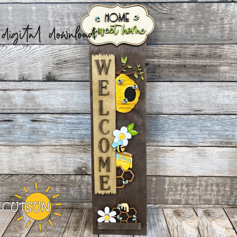 Bee svg Vertical Porch Leaner, Home sweet home svg, Front porch decor, Rustic home decor, Farmhouse decor, Laser cut file, Instant download image 2