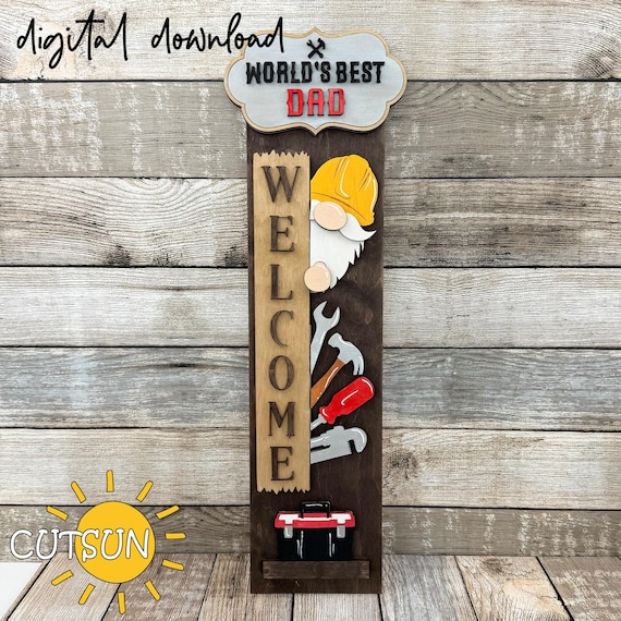 Father’s Day Gnome Porch Sign SVG | Interchangeable Vertical Leaner SVG | World’s Best Dad Sign SVG | Toolbox & Tools Laser Cut File