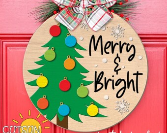 Christmas Door Hanger SVG | Merry and Bright Christmas Tree SVG | Christmas Welcome Sign SVG | Holiday Decor Laser Cut File