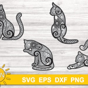 3D mandala en couches chat Bundle SVG 5 couches couper fichier | Découpe laser DXF en couches 3D | Usage commercial Glowforge | Cricut | Silhouette