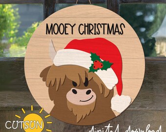 Highland Cow SVG | Mooey Christmas Door Hanger Laser Cut File | Farmhouse Christmas Door Decor SVG