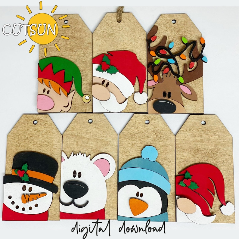 May include: Set of eight wooden Christmas gift tags featuring various holiday characters. The tags are brown with white outlines and include a snowman, penguin, polar bear, elf, Santa Claus, reindeer, and a gnome.