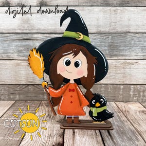 Bruja adorable con cuervo sentado en un estante SVG – Archivo de corte láser de Halloween para Glowforge y cortadoras láser xTool – Decoración de repisas y repisas