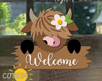 Vache des Highlands SVG accroche-porte svg | Décoration de porte de ferme | Décoration d'intérieur rustique | Fichier découpé au laser à téléchargement immédiat