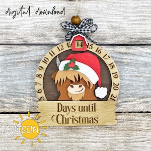 Compte à rebours de Noël SVG Vache des Highlands Décoration de Noël SVG Fichiers découpés au laser Jours jusqu'à Noël Svg compte à rebours pour Noël