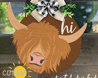 Svg vache Highland accroche-porte SVG | Décoration de porte de ferme SVG | Décoration rustique svg | Fichier découpé au laser Téléchargement instantané