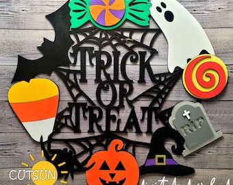 Halloween Wreath Door Hanger SVG | Halloween Decor SVG | Trick or Treat Door Hanger svg | Glowforge SVG Laser Cut File