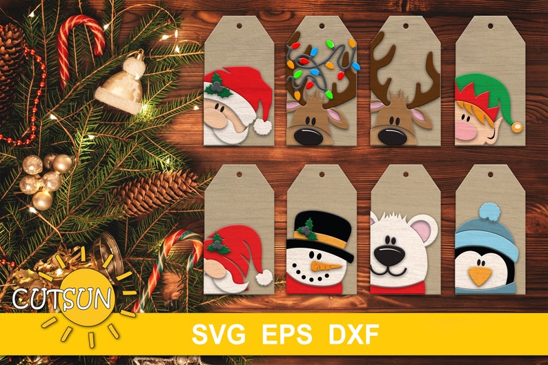 May include: Eight Christmas gift tags with different holiday characters. The tags are brown with white borders and feature a Santa, reindeer, snowman, polar bear, penguin, and elf.