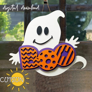 Halloween Ghost Door Hanger SVG | BOO Front Door Sign Laser Cut Files | Glowforge Halloween Door Sign SVG Digital Download