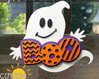 Halloween Ghost Door Hanger SVG | BOO Door Sign Laser Cut File | Cute Ghost door sign | Spooky Front Porch Decor