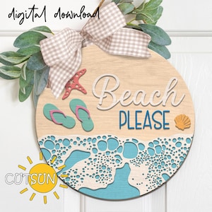 Accroche-porte rond de plage s'il vous plaît SVG | Accroche-porte côtier svg | Signe de bienvenue de maison de plage svg |  Fichier svg Glowforge découpé au laser