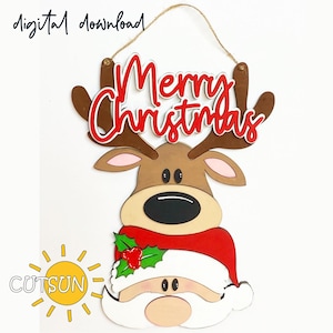 Merry Christmas Türschild SVG Rentier svg Weihnachtsmann svg Weihnachten Willkommensschild SVG Türschild Laser cut Datei