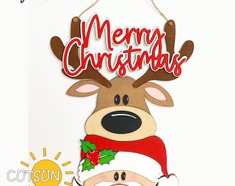 Merry Christmas Door Hanger SVG | Reindeer and Santa Vertical Welcome Sign | Laser Cut File