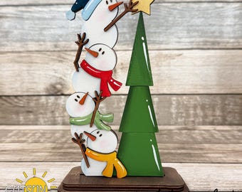 Snowman Christmas Tree Shelf Sitter SVG, 12 Inch Layered Laser Cut File, Tabletop Christmas Decor