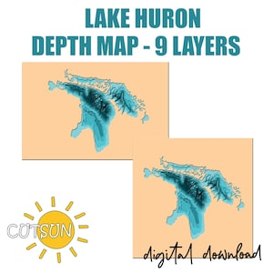 Mappa del lago Huron a strati SVG - 9 strati / File di taglio laser della mappa di profondità / Illustrazione del lago in formato svg / Cricut in formato svg