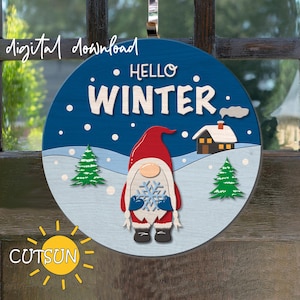 Hello winter door hanger SVG Gnome welcome sign SVG Gnome svg with snowflake Christmas decor Winter decor Laser cut file Glowforge SVG