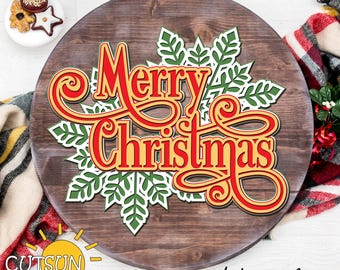 May include: A wooden round sign with the words "Merry Christmas" in red and yellow lettering with green leaves around the text.