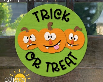 Niedliche Kürbisse Süßes oder Saures Türschild SVG | Halloween Türschild SVG Laser geschnitten Datei | Cricut SVG