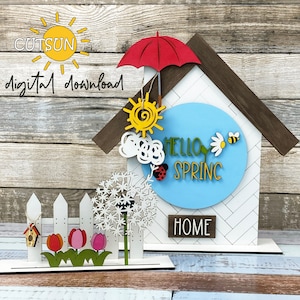 Complément SVG Hello Spring pour la décoration d'étagère interchangeable Maison et clôture FICHIER SVG Fichier de découpe laser printemps svg