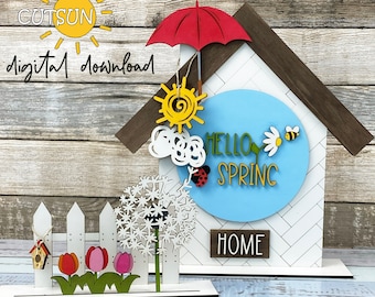Hello Spring Add-On SVG for Interchangeable Shelf Decor | House and Fence Set Spring Laser Cut File
