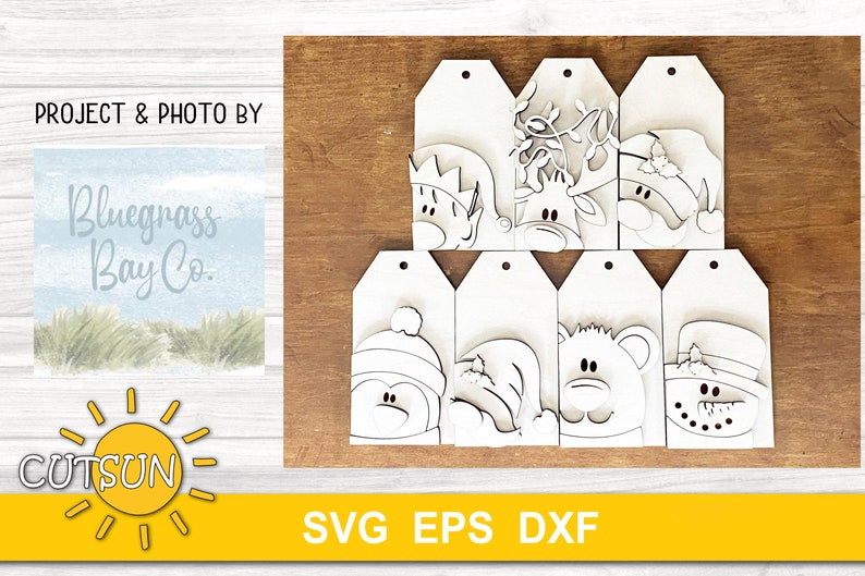 May include: Set of eight blank wooden Christmas gift tags featuring various winter holiday characters, including a snowman, penguin, reindeer, and bear. The tags are ready to be painted or decorated.