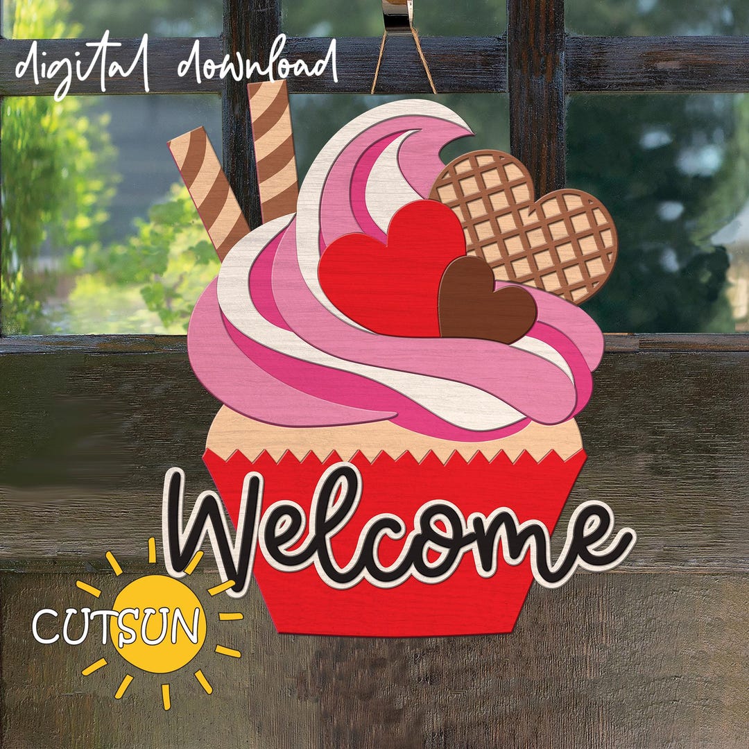 Valentine Door Hanger SVG | Cupcake Valentine's Day Decor Laser