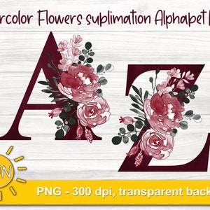 Diseño de sublimación de letras florales A-Z en rojo intenso / Letras de sublimación / Descargas de diseños de sublimación de alfabetos florales