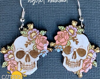Pendientes de calavera floral SVG / Pendientes de Halloween Archivo cortado con láser / Glowforge SVG