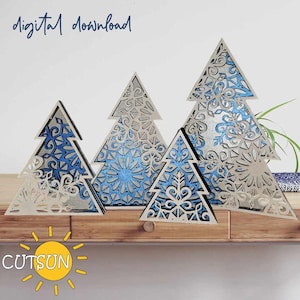 Alberi di Natale in piedi SVG Decorazione per mensole con fiocchi di neve svg Fiocco di neve svg Albero di Natale svg Decorazione natalizia File tagliato al laser