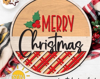 Christmas Door Hanger SVG | Merry Christmas Welcome Sign Laser Cut File | Festive Holiday Door Decor SVG