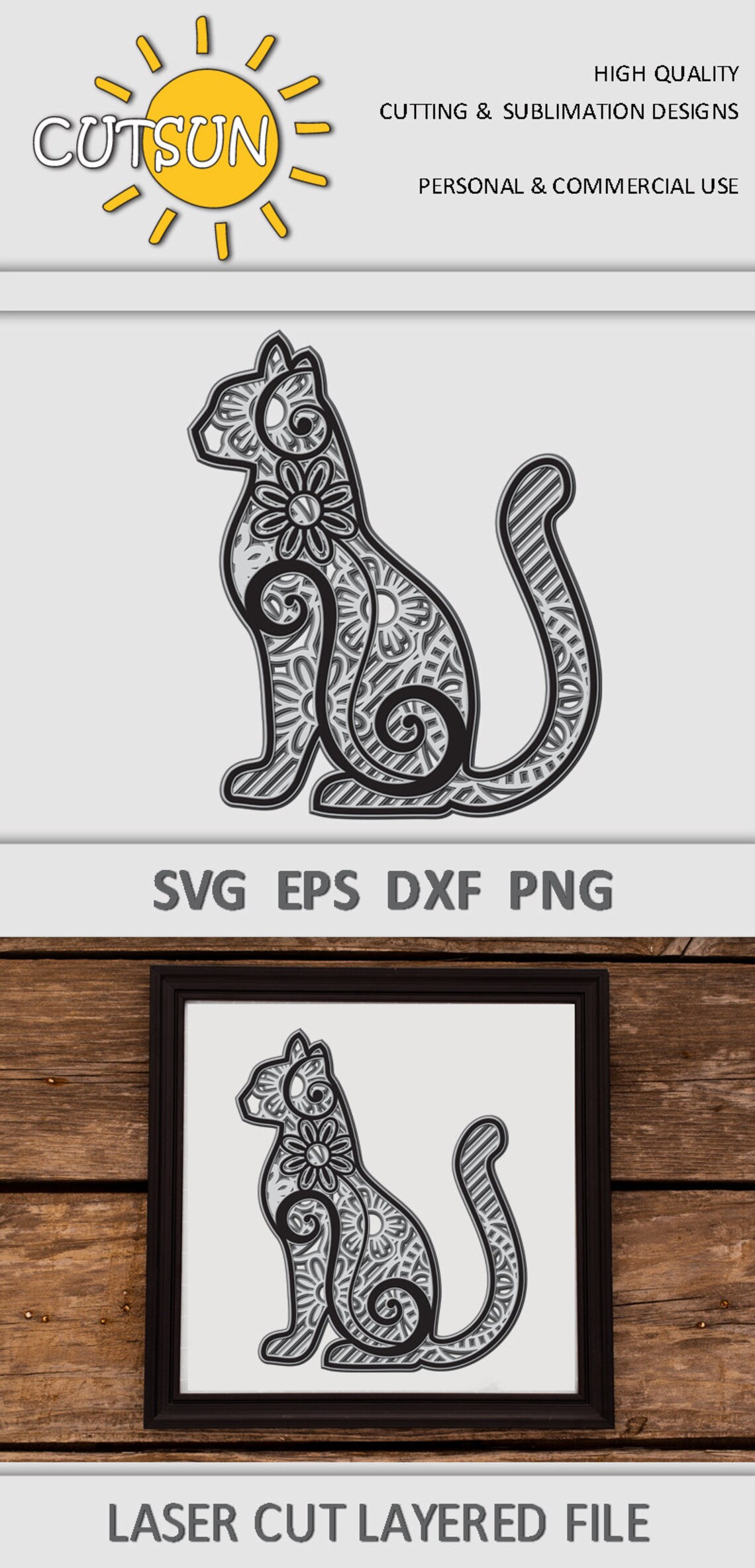 Download 3D Layered Mandala Cat 3 SVG 5 layers 3D layered DXF laser ...