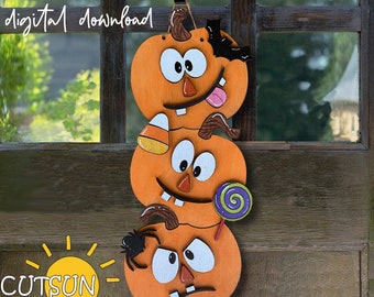 Funny Halloween Pumpkins Door Hanger SVG | Stacked Halloween Pumpkins Sign | Laser Cut File