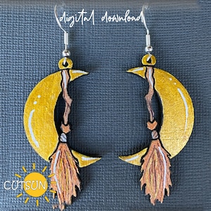 Broom and Moon Earrings SVG | Halloween Witch Earrings Laser Cut File | Celestial svg