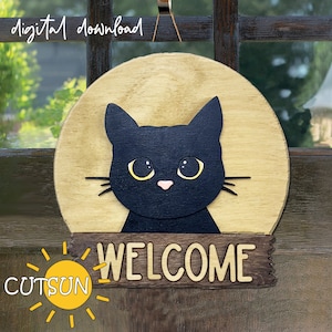 Colgador de puerta de gato SVG Letrero de puerta redondo intercambiable svg Gato svg ARCHIVO BASE Glowforge svg Archivo cortado con láser