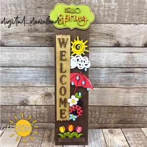 Hallo Frühling Porch Zeichen SVG, austauschbares Regenschirm Add-On, vertikale Porch Leaner Laser geschnitten Datei, Frühlingsdekor digitaler Download