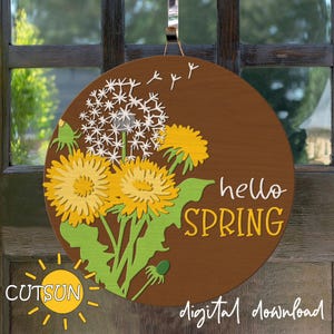 Hello Spring Türschild svg Pusteblumen svg Frühling Haustürdekor Floral Willkommensschild Glowforge SVG Laserschnittdatei Cricut svg