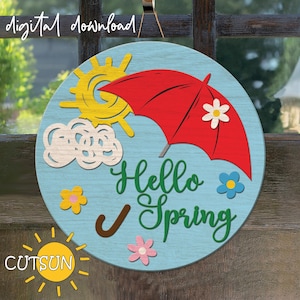 Hello Spring door hanger SVG Umbrella svg Spring door sign Spring welcome sign Glowforge svg Cricut svg