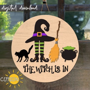 Halloween Door Hanger SVG – Laser Cut File – The Witch Is In with Witch Hat, Legs, Hissing Black Cat, Broom & Cauldron