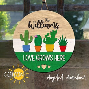 Percha de puerta de San Valentín SVG / Signo redondo del día de San Valentín SVG / Cactus Love Grows Here svg / Glowforge SVG / Archivo cortado por láser